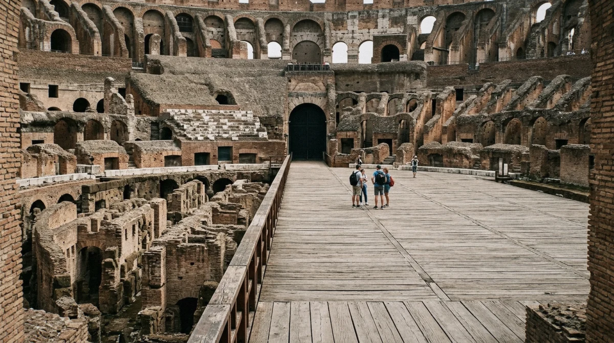 The gladiators' gate opening onto the reconstructed Colosseum arena floor with the hypogeum tunnels visible beyond in Rome