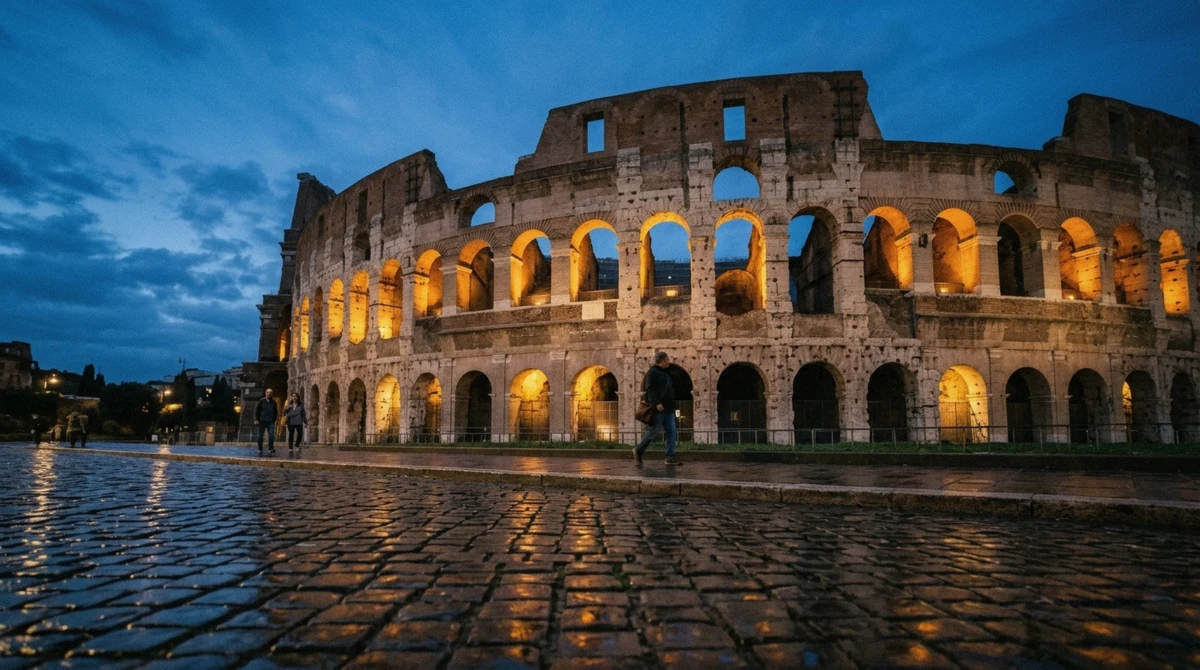 The Colosseum lit from within at dusk on a Colosseum night tour in Rome