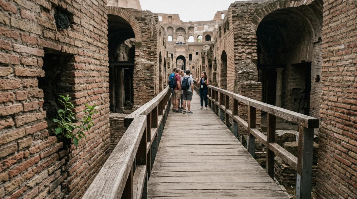 The raised wooden walkway running through the brick tunnels of the hypogeum on a Colosseum underground tour in Rome